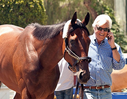 The Associated Press JERSEY SURE: Triple Crown winner American Pharoah is walked by trainer Bob Baffert, right, as the horse arrives at Santa Anita Park June 18 in Arcadia, Calif. The Ahmed Zayat-owned Rebel and Arkansas Derby winner's next race is the Grade 1 $1 million Haskell Invitational Aug. 2 at Monmouth Park in Oceanport, N.J.