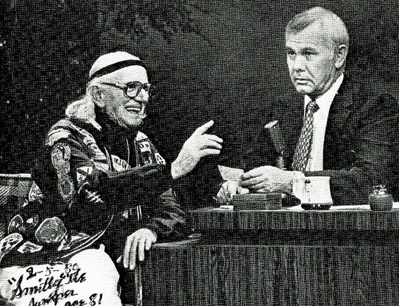 Courtesy of Smitty&#8217;s self-published booklet, &#8220;His Exploits of Early Day Jumping.&#8221; The older Smitty drove a gaudy red, white and blue station wagon, and sometimes dressed in similar fashion, promoting himself as &#8220;The World&#8217;s Oldest Skydiver.&#8221; He was a guest of Johnny Carson, who promoted his appearance under that title, on the Tonight show in February 1980. Smitty, who always loved to dance, told a friend he had one more goal, to appear on the TV show &#8212; American Bandstand &#8212; but he never made it.