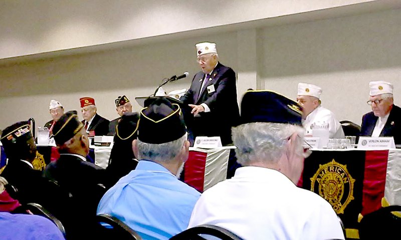 Submitted C. Jacob &#8220;Jake&#8221; Greeling, former commander of American Legion Post 341 in Bella Vista and outgoing state commander, addresses veterans at the American Legion Department of Arkansas 97th Annual convention held June 26-28 in North Little Rock for the final time Sunday. Greeling was elected to serve the state as an alternate National Executive Committee member.