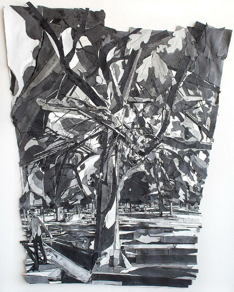 The Grand Award at this year’s Delta Exhibition at the Arkansas Arts Center was presented to Mark Lewis’ Under the Oak (Woodward Park), a graphite and paper collage that is 74 by 59 inches in size. Lewis, of Tulsa, won a Delta Award in 2013. 