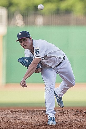 The Naturals' Jason Vargas sends in a pitch against Midland Monday. Vargas is a left-handed pitcher who started eight games for the Kansas City Royals before being placed in the 15-day disabled list on June 13 with a left flexor strain.
