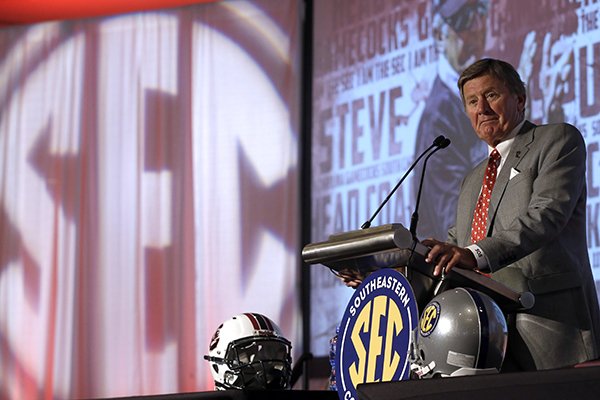 South Carolina coach Steve Spurrier speaks to the media at the Southeastern Conference NCAA college football media days, Tuesday, July 14, 2015, in Hoover, Ala. (AP Photo/Butch Dill)