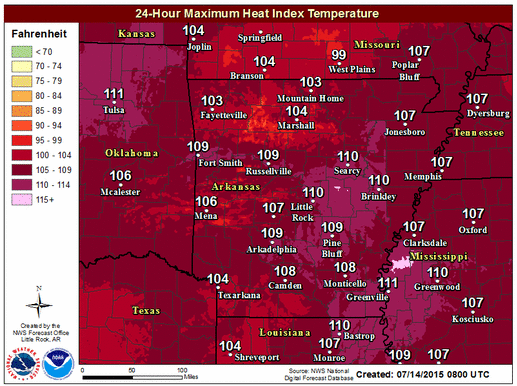 This National Weather Service graphic shows expected heat index highs across the state on Tuesday, July 14, 2015.