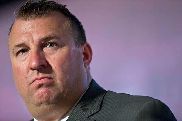 Arkansas coach Bret Bielema speaks to the media at the Southeastern Conference NCAA college football media days, Wednesday, July 15, 2015, in Hoover, Ala. (AP Photo/Brynn Anderson)