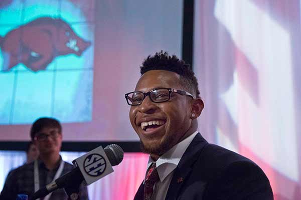 Arkansas' Jonathan Williams speaks to reporters at the Southeastern Conference NCAA college football media days, Wednesday, July 15, 2015, in Hoover, Ala. (AP Photo/Brynn Anderson)