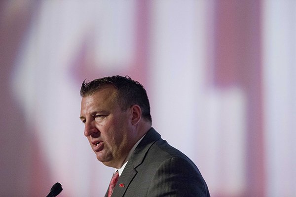 Arkansas coach Bret Bielema speaks to the media at the Southeastern Conference NCAA college football media days, Wednesday, July 15, 2015, in Hoover, Ala. (AP Photo/Brynn Anderson)