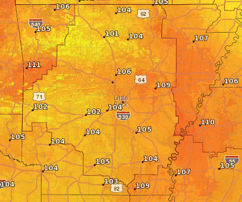 This National Weather Service graphic shows expected heat indexes around the state Wednesday afternoon.