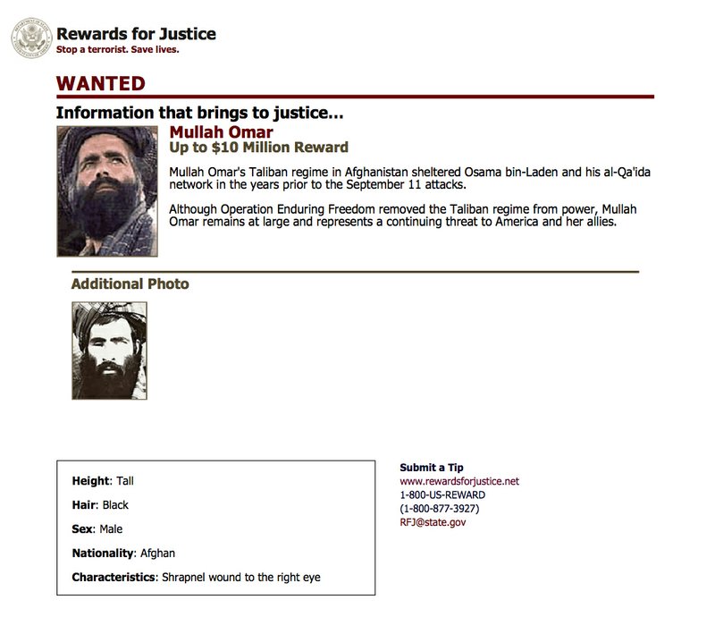 In this image released by the FBI, Mullah Omar is seen in a wanted poster. The reclusive Afghan Taliban leader has backed peace talks with the Kabul government, saying in a rare message distributed to media Wednesday, July 15, 2015 that the goal of these efforts is an "end to occupation" by foreign forces. 