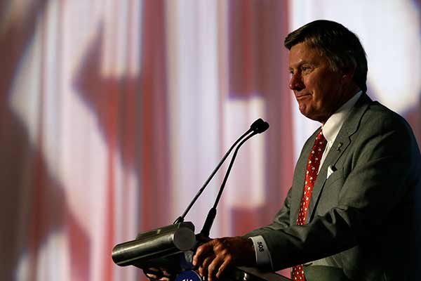 South Carolina coach Steve Spurrier speaks to the media at the Southeastern Conference NCAA college football media days, Tuesday, July 14, 2015, in Hoover, Ala. (AP Photo/Butch Dill)