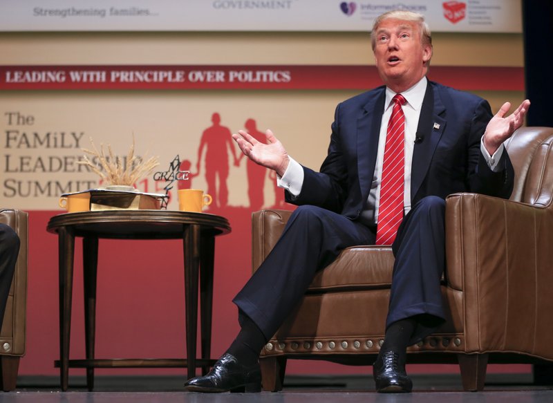 Republican presidential candidate, real estate mogul Donald Trump, speaks at the Family Leadership Summit in Ames, Iowa, Saturday, July 18, 2015. 