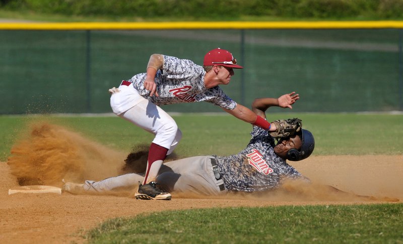 Dayton Cook, Alabama Rawdogs second baseman, tags out Kirel Young of the Pine Bluff Twins at second on Sunday during the winners’ bracket semifinal in the Sr. Babe Ruth Southwest Regional Tournament at Veterans Park in Rogers.