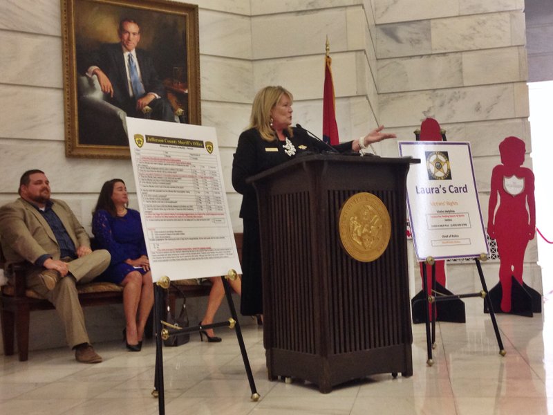Rep. Charlotte Douglas, R-Alma, speaks about the domestic-violence laws she sponsored during a press conference at the Capitol on Monday, July 20, 2015.  
