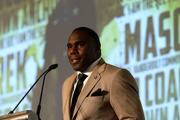 Vanderbilt coach, Derek Mason, speaks to the media at the Southeastern Conference NCAA college football media days, Monday, July 13, 2015, in Hoover, Ala. (AP Photo/Butch Dill)