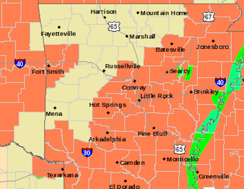 The counties highlighted in orange in this National Weather Service graphic are under a heat advisory on Monday, forecasters say. 