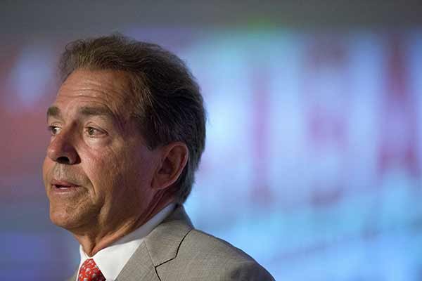 Alabama coach Nick Saban speaks to the media at the Southeastern Conference NCAA college football media days, Wednesday, July 15, 2015, in Hoover, Ala. (AP Photo/Brynn Anderson)
