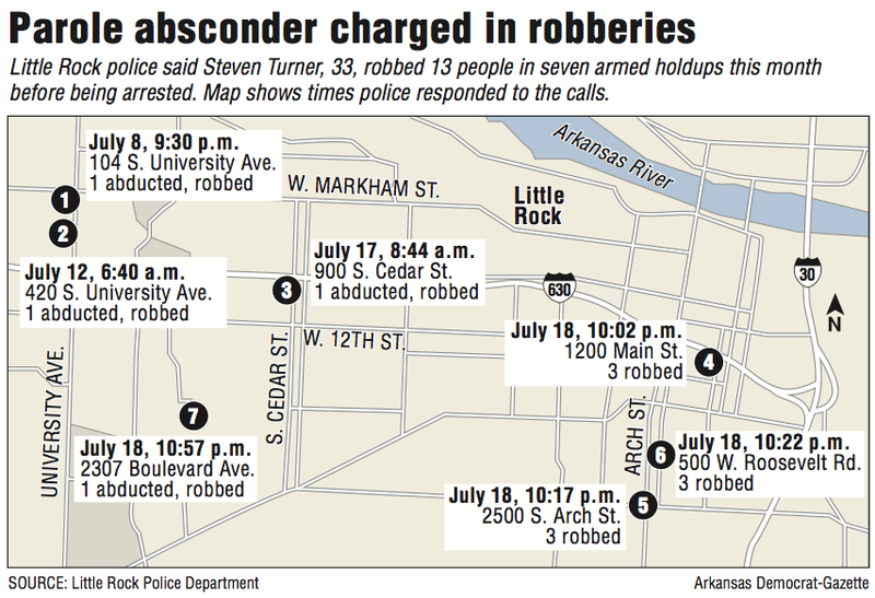A parole absconder was charged in multiple robberies. The locations and police response time are shown on this map.