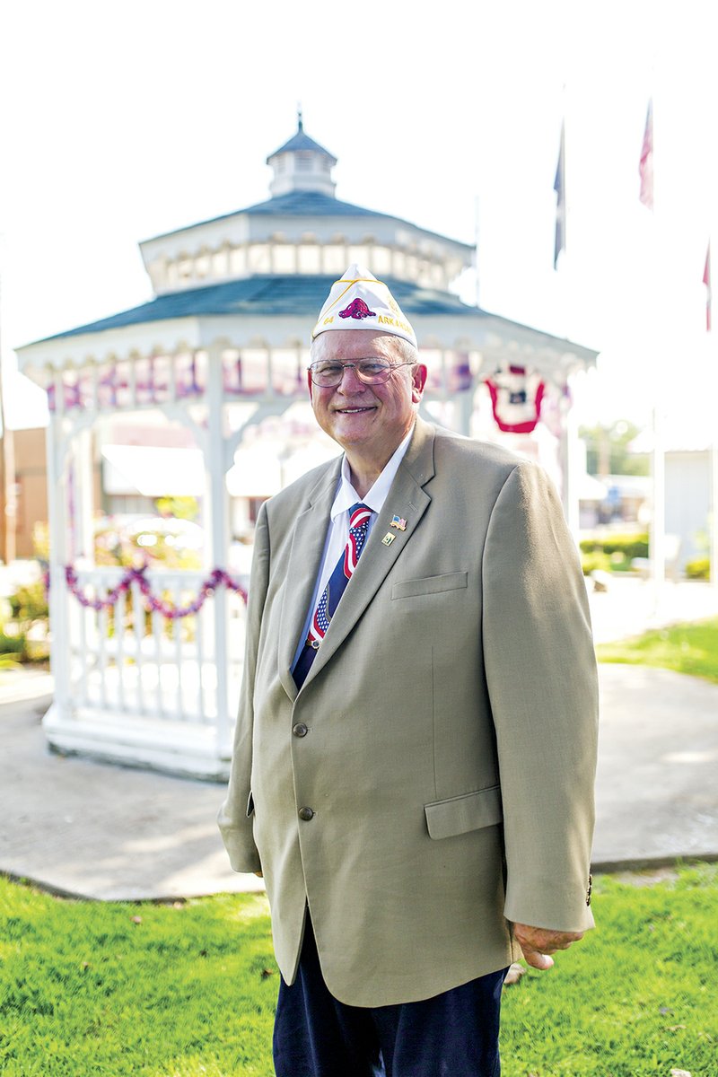 Arkansas American Legion Cmdr. Verlon Abram poses in front of the Pangburn Veterans Memorial. Abram said he plans to travel about 50,000 miles during his one-year term, meeting fellow Legionnaires across the state and attending district meetings.
