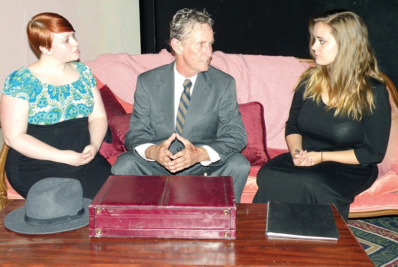 Lawrence Ervin, played by Tom McLeod, tells the eccentric Spangler sisters they need to step outside the door and face the realities of the modern world in this scene from The Orphans, which opens Friday at The Lantern Theatre in Conway. Appearing as the sisters are Elizabeth Williams, left, as the older sister, Lily, and Katherine Renfro, right, as the younger sister, Catherine.