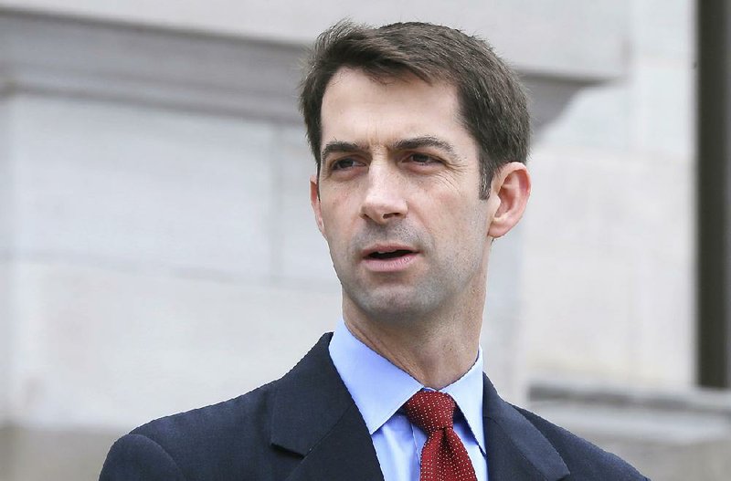 U.S. Sen. Tom Cotton, R-Ark., speaks in front of the Arkansas state Capitol in Little Rock, Ark., Tuesday, May 26, 2015.