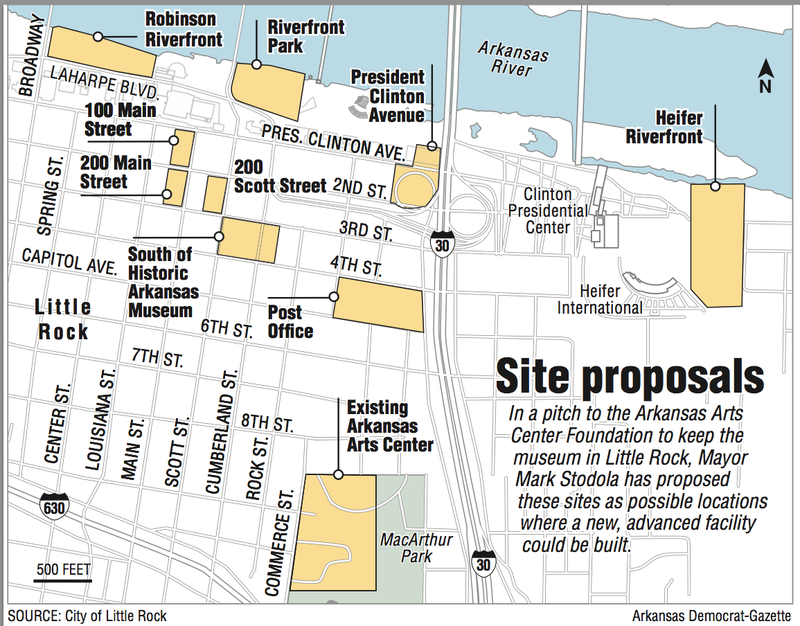 A map showing the location of proposed sites for the Arkansas Arts Center Museum. 