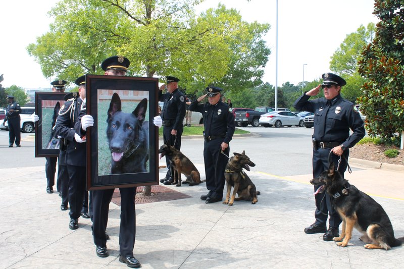 K-9 officers salute Titus, a Little Rock police dog who died earlier this month, during a memorial service at Immanuel Baptist church on Monday, July 27, 2015. 