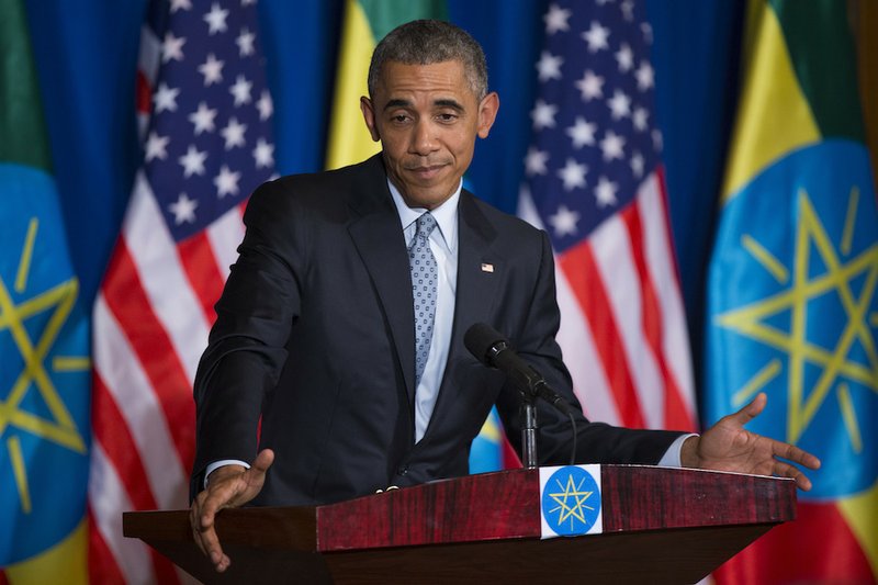 President Barack Obama gestures during a joint news conference with Ethiopian Prime Minister Hailemariam Desalegn on Monday, July 27, 2015, at the National Palace in Addis Ababa. Obama is the first sitting U.S. president to visit Ethiopia. 