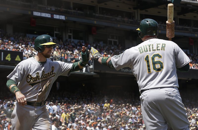 AP Ben Zobrist, left, of the Oakland Athletics is congratulated Sunday by Billy Butler after scoring against the San Francisco Giants during the fourth inningin San Francisco.