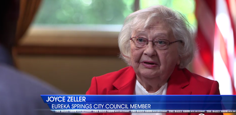 Eureka Springs City Council member Joyce Zeller appears on the Wednesday, July 29, 2015, episode of The Daily Show on Comedy Central.