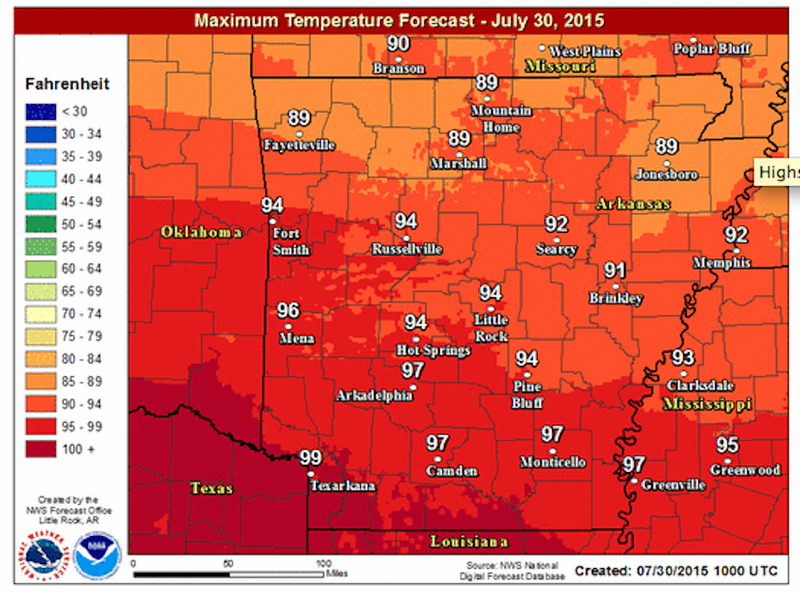 This National Weather Service graphic illustrates high temperatures forecast for Thursday, July 30, 2015.