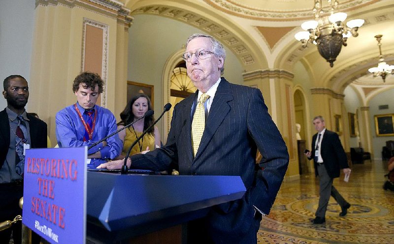 Senate Majority Leader Mitch McConnell tells reporters after Thursday’s vote that the House likely would take up a Senate-passed six-year highway funding bill after the August recess.