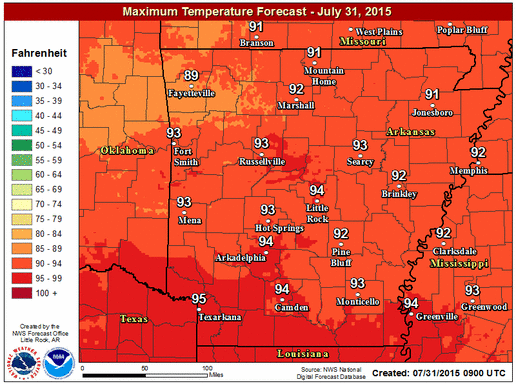 National Weather Service graphic shows forecasted temperatures in Arkansas.