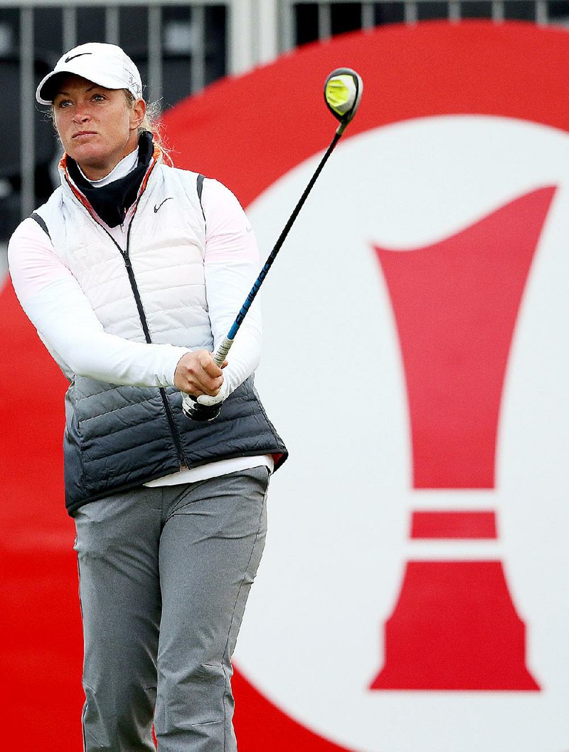 Suzann Pettersen of Norway tees off from the 1st during the second day of the Women's British Open golf championship on the Turnberry golf course in Turnberry, Scotland, Friday, July 31, 2015. 