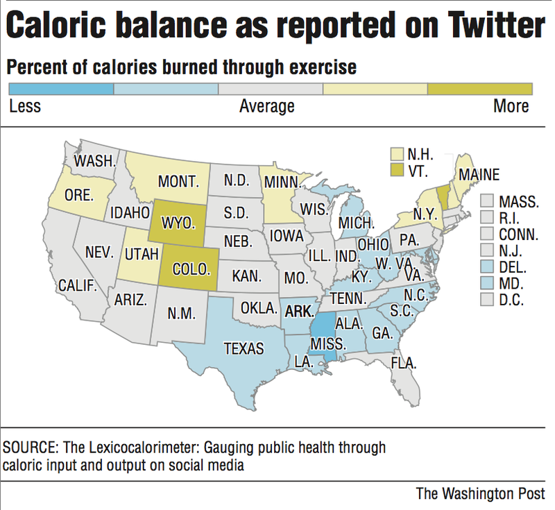 A map showing the caloric balance by state as reported on Twitter.