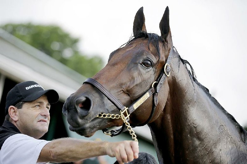 Assistant trainer Jimmy Barnes holds Triple Crown winner American Pharoah in the stable area at Monmouth Park in Oceanport, N.J., on Thursday.