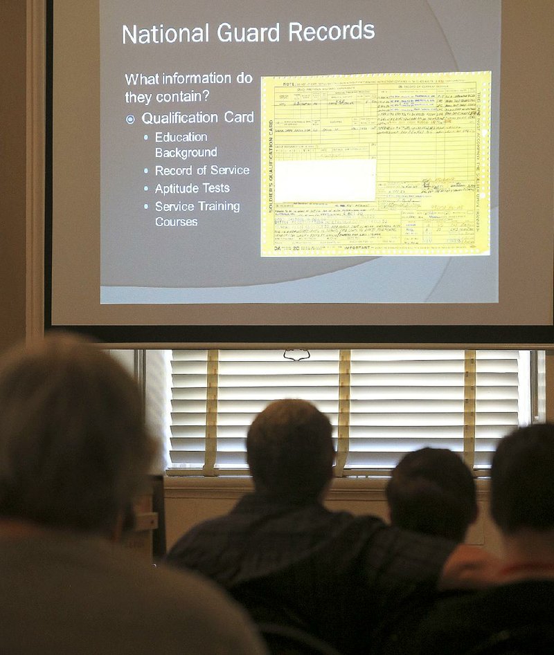 Audience members listen to a presentation on researching National Guard records during a workshop Saturday at the MacArthur Museum of Arkansas Military History.