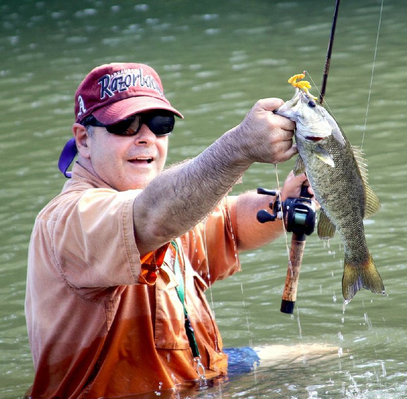 The author admires a 16-inch smallmouth bass he caught last Sunday while wade fishing in the Caddo River near Glenwood. He caught this fish and a 17-inch smallmouth with a Zoom Tiny Brush Hawg in root beer.