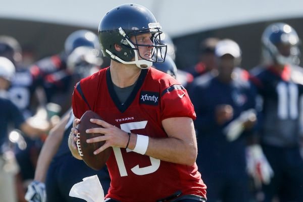 Houston Texans quarterback Ryan Mallett (15) looks for a receiver during an NFL football training camp at the Methodist Training Center on Sunday August 2, 2015 in Houston. (AP Photo/Bob Levey)