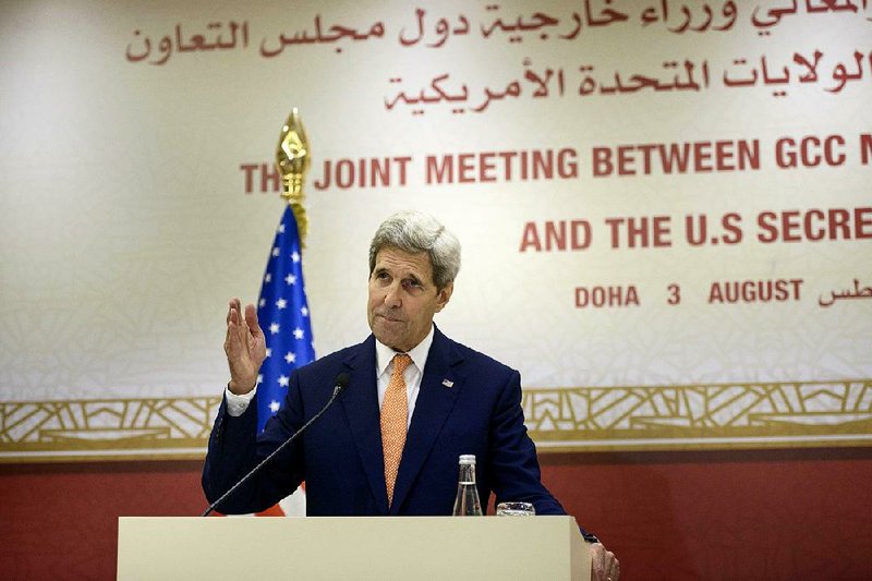 U.S. Secretary of State John Kerry speaks Monday after a meeting with foreign ministers of the Gulf Cooperation Council in Doha, Qatar.