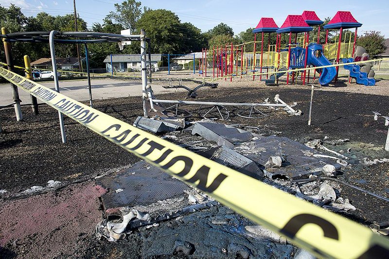 The playground at Geyer Springs Elementary School off Mabelvale Pike sustained damage from a midday fire Sunday. A Little Rock Fire Department official said arson is suspected.