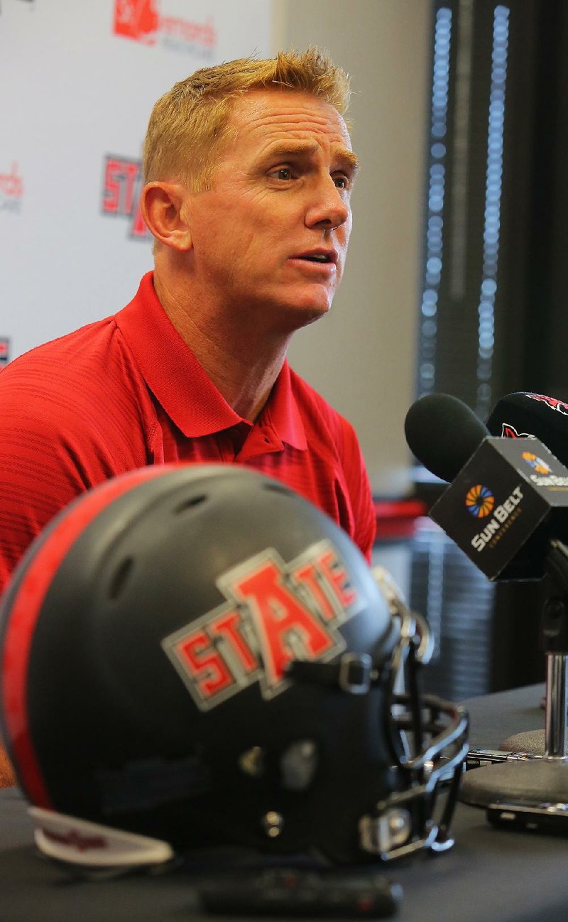 Arkansas State Coach Blake Anderson, the first head coach for the Red Wolves to stay more than a year in five seasons, begins preseason workouts today with the same coaching staff from last season, making ASU one of 23 FBS schools that managed to retain a complete staff.


