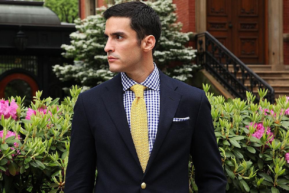 blue dress shirt with yellow tie Hisdern Non-iron Navy Blue Dress Shirt and Striped Tie M main image 0