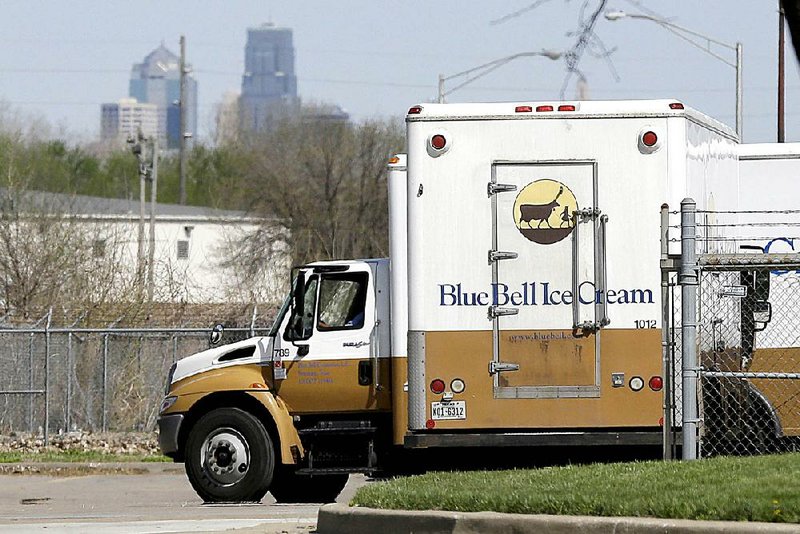 Blue Bell delivery trucks are parked at the creamery’s location in Kansas City, Kan., in April. The ice cream maker has resumed production at a plant in Alabama. 
