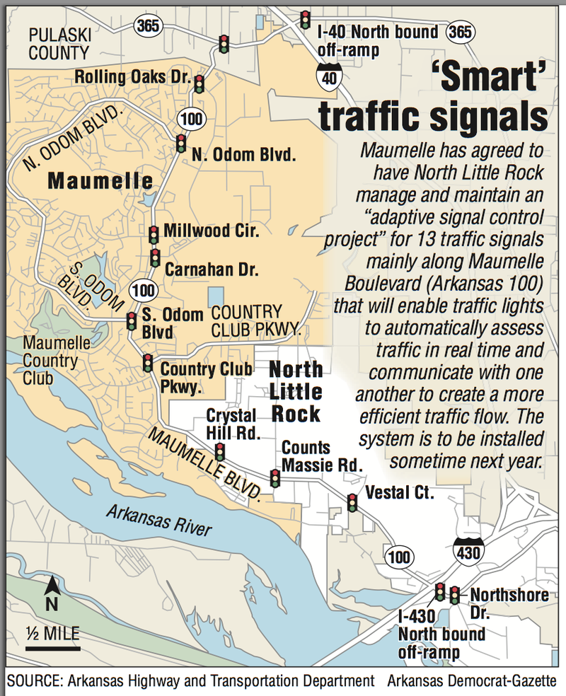 A graphic shows the 13 traffic signals in Maumelle that would be part of a system to assess traffic in real time.