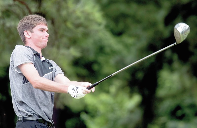 J.T. Wampler/NWA Democrat-Gazette Siloam Springs junior Cody Beyer watches his tee shot on hole No. 7 on Wednesday at the Chambers Bank Red&#8217;Dog Invitational held at the Springdale Country Club. Beyer led the Panthers with a 41 overall as Siloam Springs finished eighth out of nine teams.