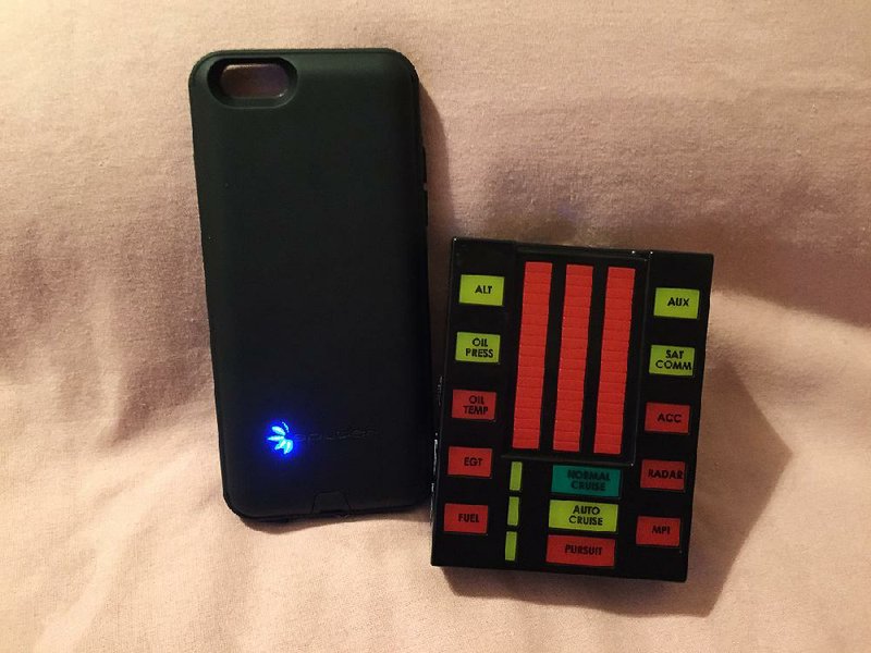 The Spyder PowerShadow iPhone 6 Battery Case (left) includes an LED battery indicator on the back. The "Knight Rider" K.I.T.T. USB Car Charger simulates the control panel from the souped-up Pontiac Trans Am from the 1980s television show.