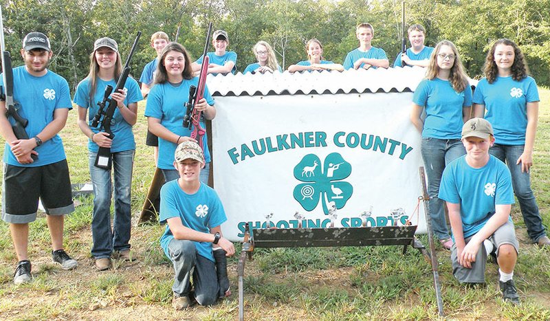 Members of the Faulkner County 4-H Shooting Sports Club include, front row, kneeling, from left, Dooley Huff of Greenbrier and Nick Massey of Conway; second row, Alec Ohlde of Conway, Ali Verkler of Conway, Kadee Fason of Guy, Faith Palmer of Greenbrier and Bailey Smith of Quitman; and, back row, Jesse McClellan of Solgohachia, Tommy Newsom of Conway, Makayla Palmer of Greenbrier, Julie Newsom of Conway, Auden Huff of Greenbrier and Cade Rowlett of Guy. The 4-H Shooting Sports Club is an educational program sponsored by the Faulkner County Cooperative Extension Service, University of Arkansas, Division of Agriculture.