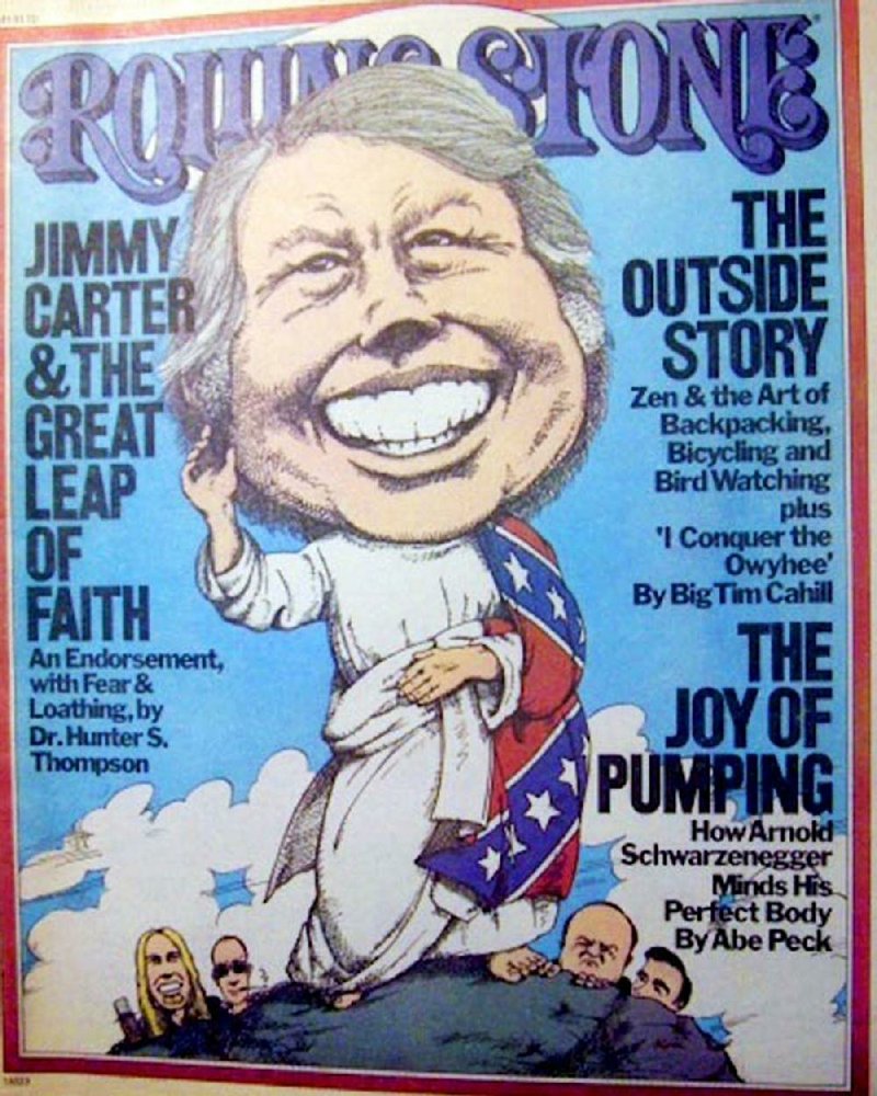 "Rolling Stone" issue 214, cover-dated June 3, 1976, featured a caricature of Jimmy Carter on the cover.