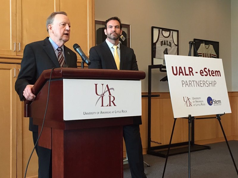 University of Arkansas at Little Rock Chancellor Joel Anderson (left) and eStem Public Charter Schools Inc. CEO John Bacon introduce a partnership on Monday, Aug. 17, 2015, that would move the charter school's high school to the UALR campus by fall 2017.