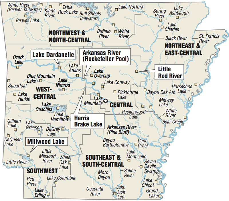 A map showing the location of Arkansas fishing spots.
