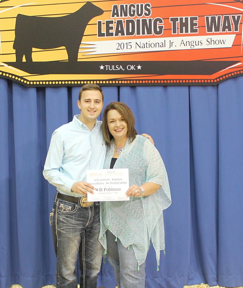 SUBMITTED PHOTO Will Pohlman, of Prairie Grove, left, has been named 2015-16 Angus Ambassador for the National Junior Angus Association. Above, he is pictured receiving the Arkansas Angus Auxiliary Scholarship at the 2015 National Junior Angus Show (NJAS) Awards Ceremony, July 17, in Tulsa, Okla. Michelle Reiff, American Angus Auxiliary, presents the scholarship award.